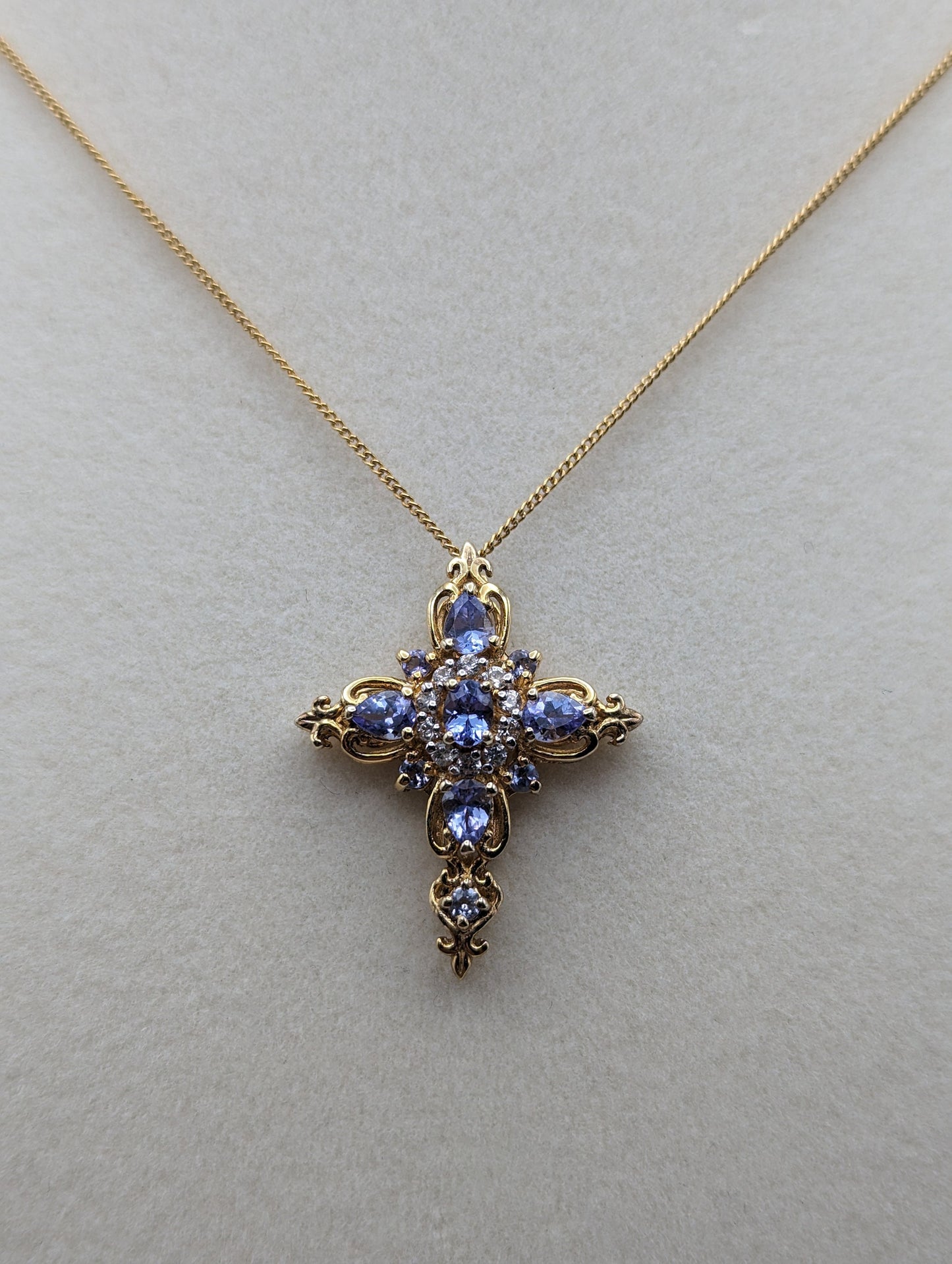 Gold Filled Cross Blue Tanzanite Pendant Necklace Crucifix Yellow Gold Cross Pendant 20" Necklace.