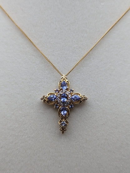 Gold Filled Cross Blue Tanzanite Pendant Necklace Crucifix Yellow Gold Cross Pendant 20" Necklace.