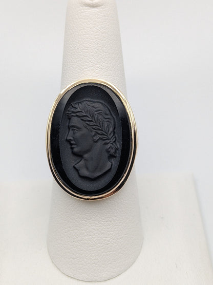 Antique 10k Gold 10gr Victorian Ring Intaglio Onyx Portrait Julius Ceasar Cameo Statement Ring