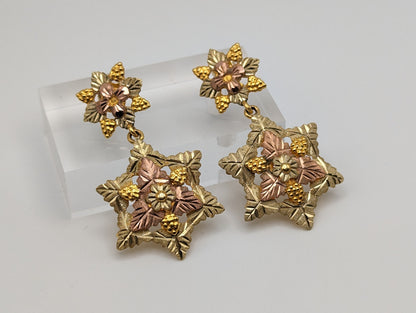 Large Black Hills Gold Traditional 10k Gold Vine Flower Earrings 10k Rose Gold Black Hills Gold Trio Gold Vine Leaf Flower Earrings.