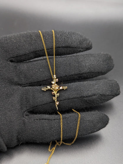 10k and Sterling Silver Cross Heart Black Hills Gold Pendant w GF 18" Chain BHG Green Rose Gold Leaf & Vine Cross Pendant w Necklace 10K GF