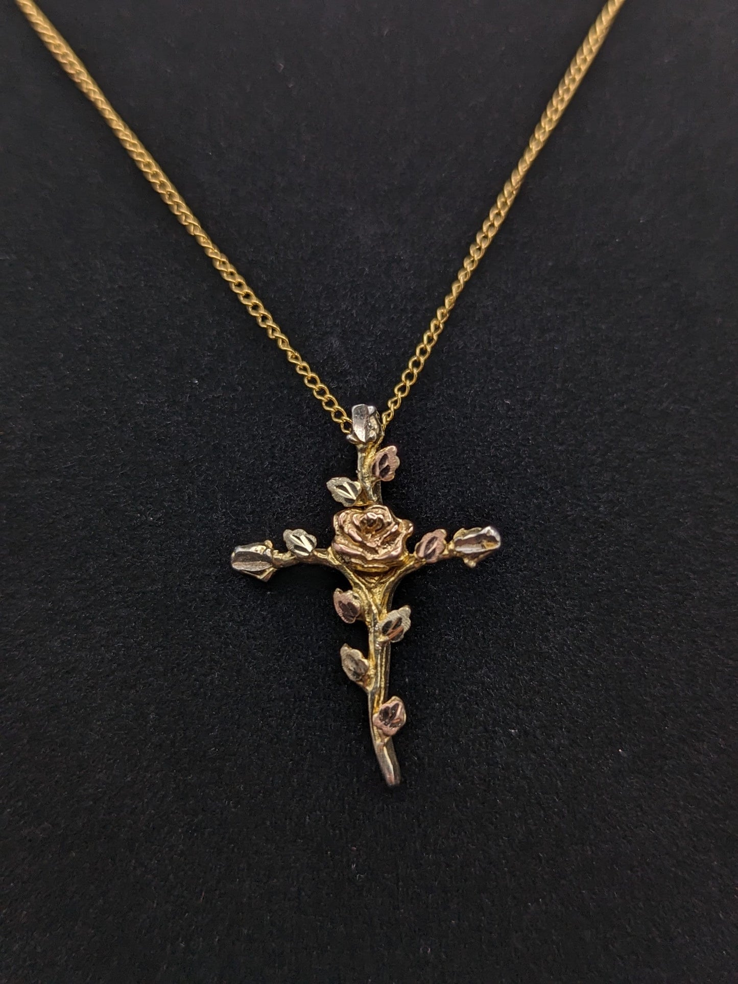 10k and Sterling Silver Cross Heart Black Hills Gold Pendant w GF 18" Chain BHG Green Rose Gold Leaf & Vine Cross Pendant w Necklace 10K GF