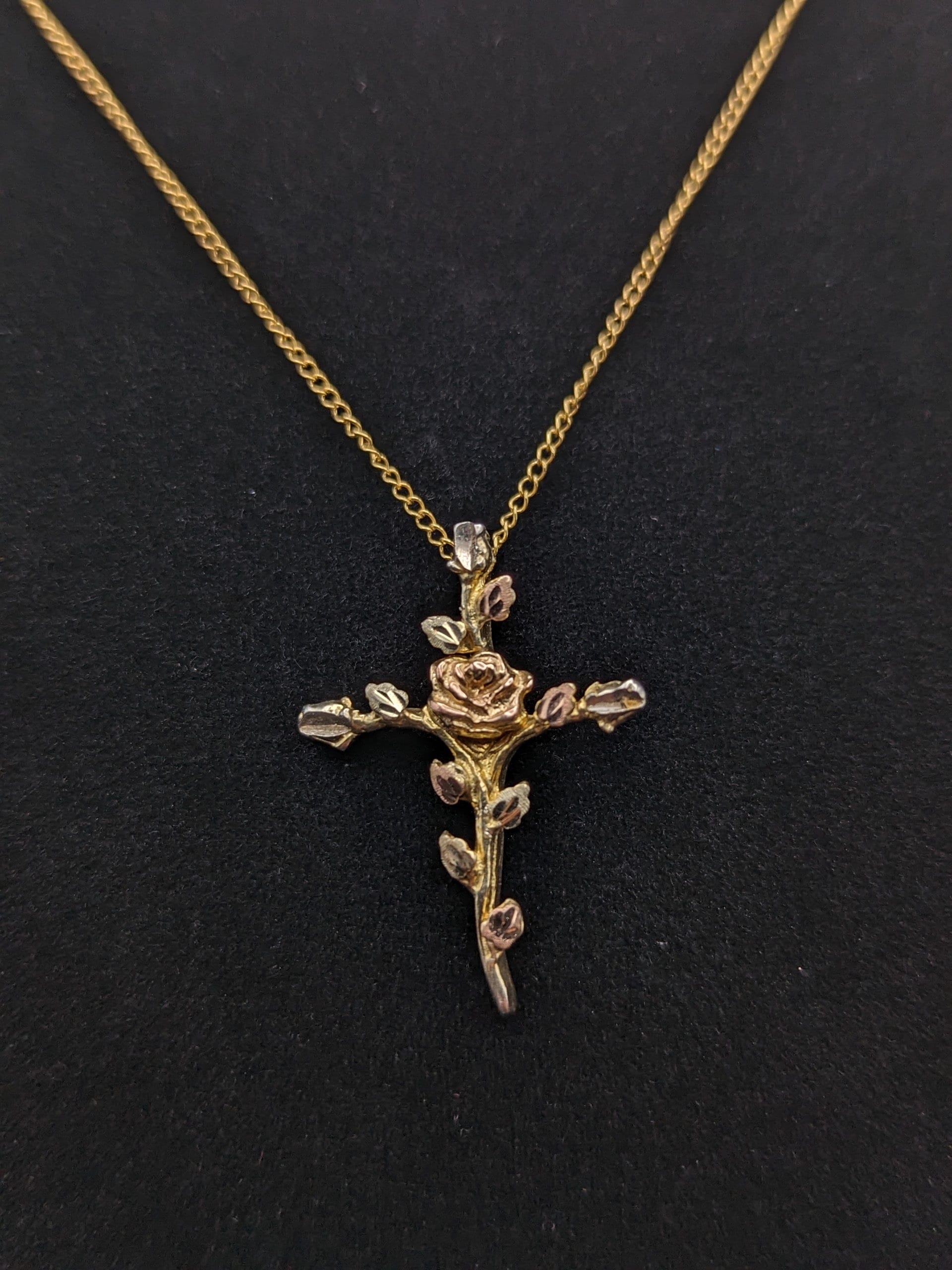 10k and Sterling Silver Cross Heart Black Hills Gold Pendant w GF 18" Chain BHG Green Rose Gold Leaf & Vine Cross Pendant w Necklace 10K GF