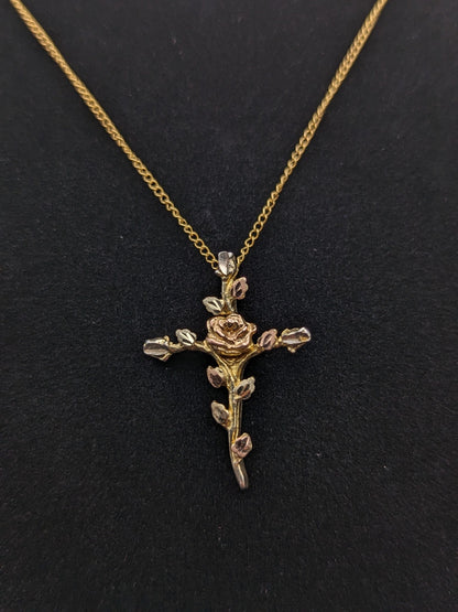 10k and Sterling Silver Cross Heart Black Hills Gold Pendant w GF 18" Chain BHG Green Rose Gold Leaf & Vine Cross Pendant w Necklace 10K GF