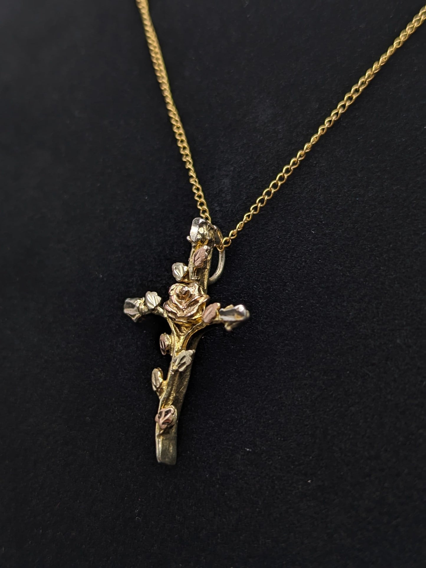 10k and Sterling Silver Cross Heart Black Hills Gold Pendant w GF 18" Chain BHG Green Rose Gold Leaf & Vine Cross Pendant w Necklace 10K GF