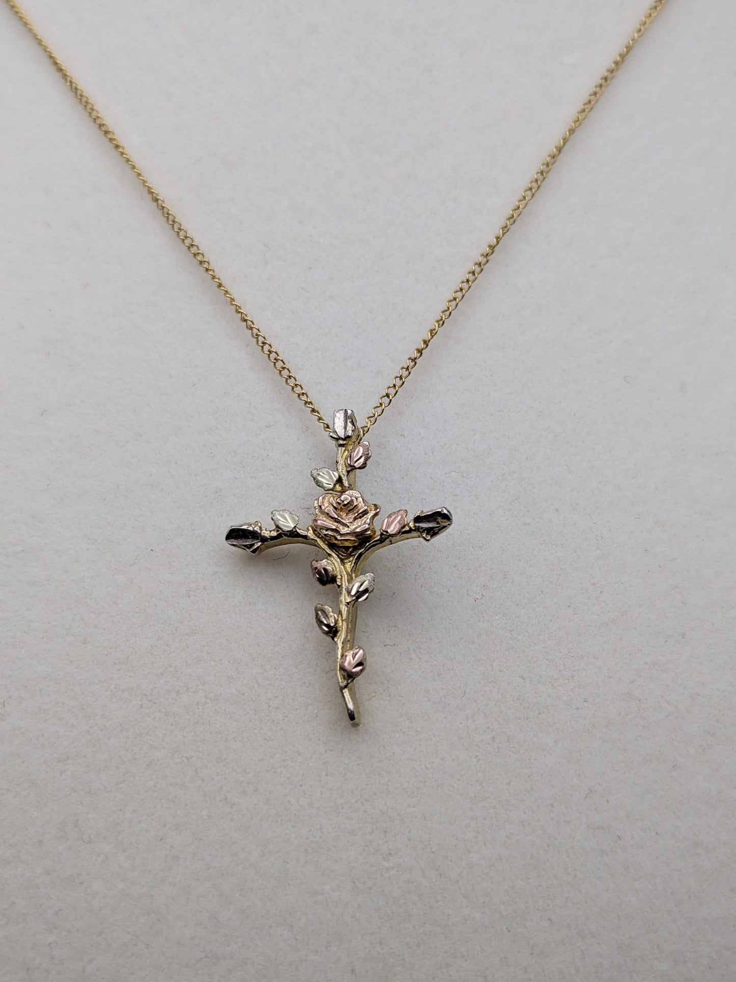 10k and Sterling Silver Cross Heart Black Hills Gold Pendant w GF 18" Chain BHG Green Rose Gold Leaf & Vine Cross Pendant w Necklace 10K GF