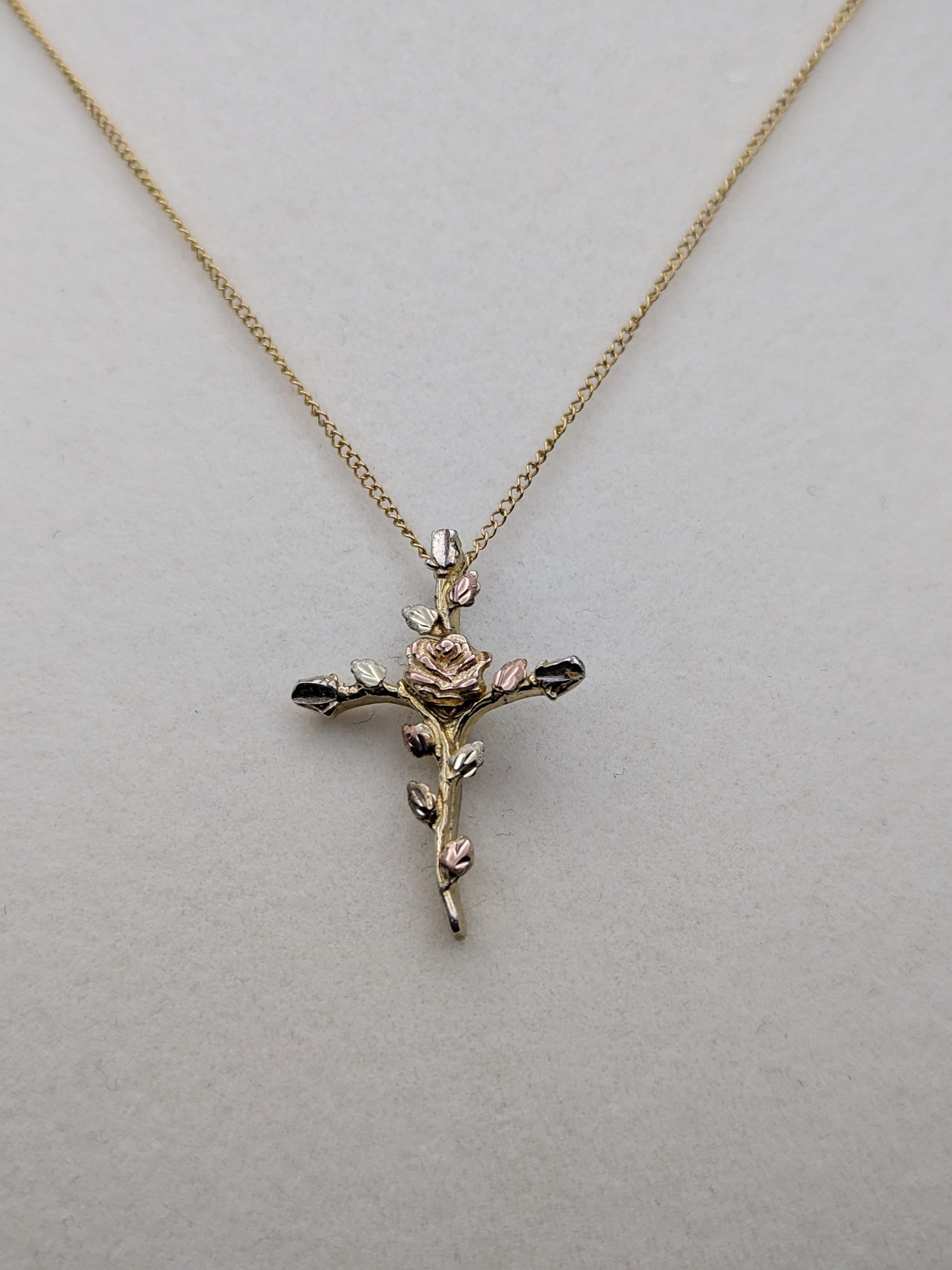 10k and Sterling Silver Cross Heart Black Hills Gold Pendant w GF 18" Chain BHG Green Rose Gold Leaf & Vine Cross Pendant w Necklace 10K GF