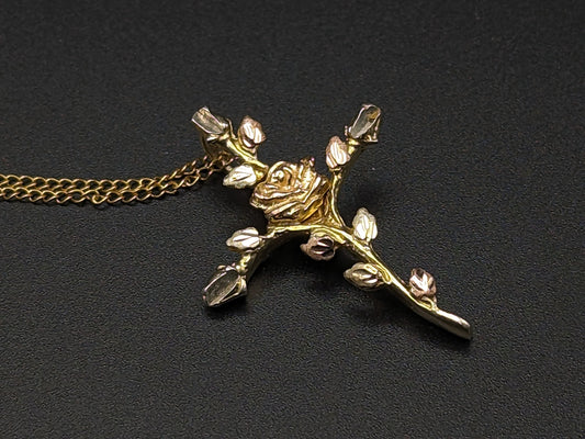 10k and Sterling Silver Cross Heart Black Hills Gold Pendant w GF 18" Chain BHG Green Rose Gold Leaf & Vine Cross Pendant w Necklace 10K GF