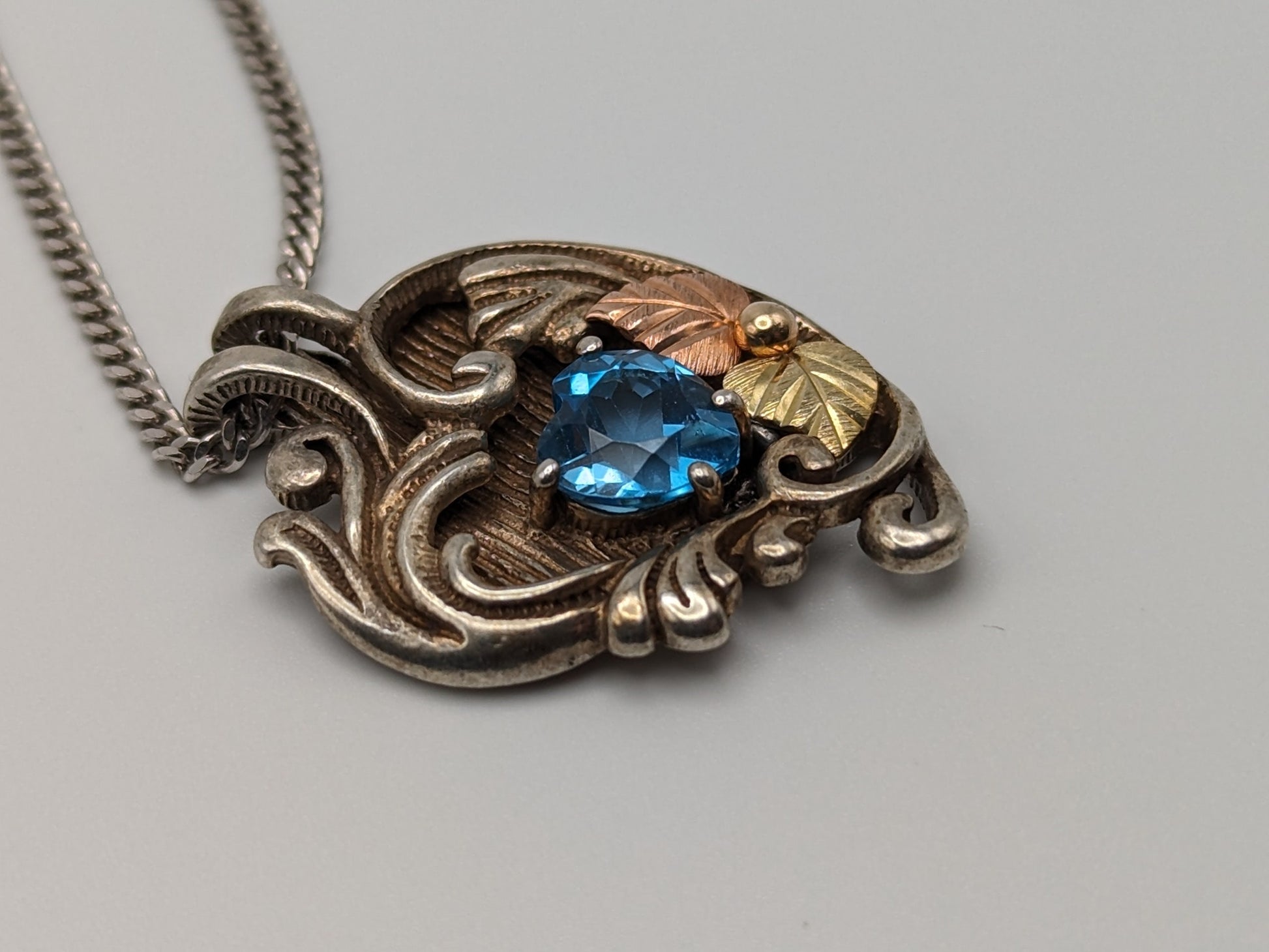 10k 12k Black Hills Gold Sterling Silver Swiss Blue Topaz w Gold Vine Heart Pendant Blue Topaz Necklace Silver Chain Pendant 20" Chain