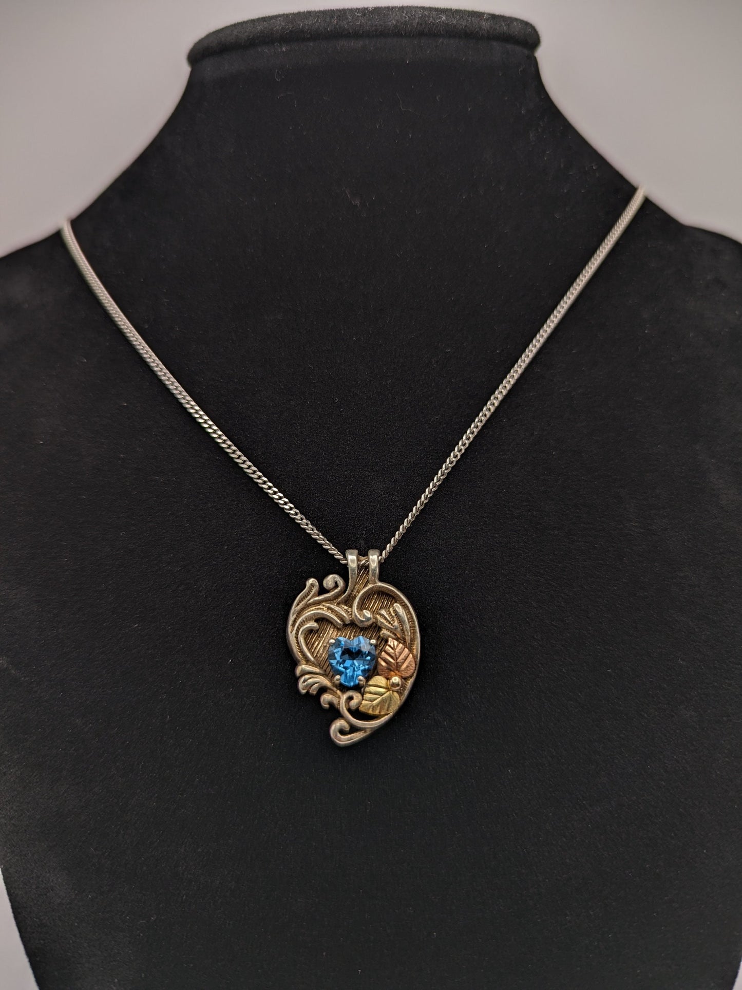 10k 12k Black Hills Gold Sterling Silver Swiss Blue Topaz w Gold Vine Heart Pendant Blue Topaz Necklace Silver Chain Pendant 20" Chain