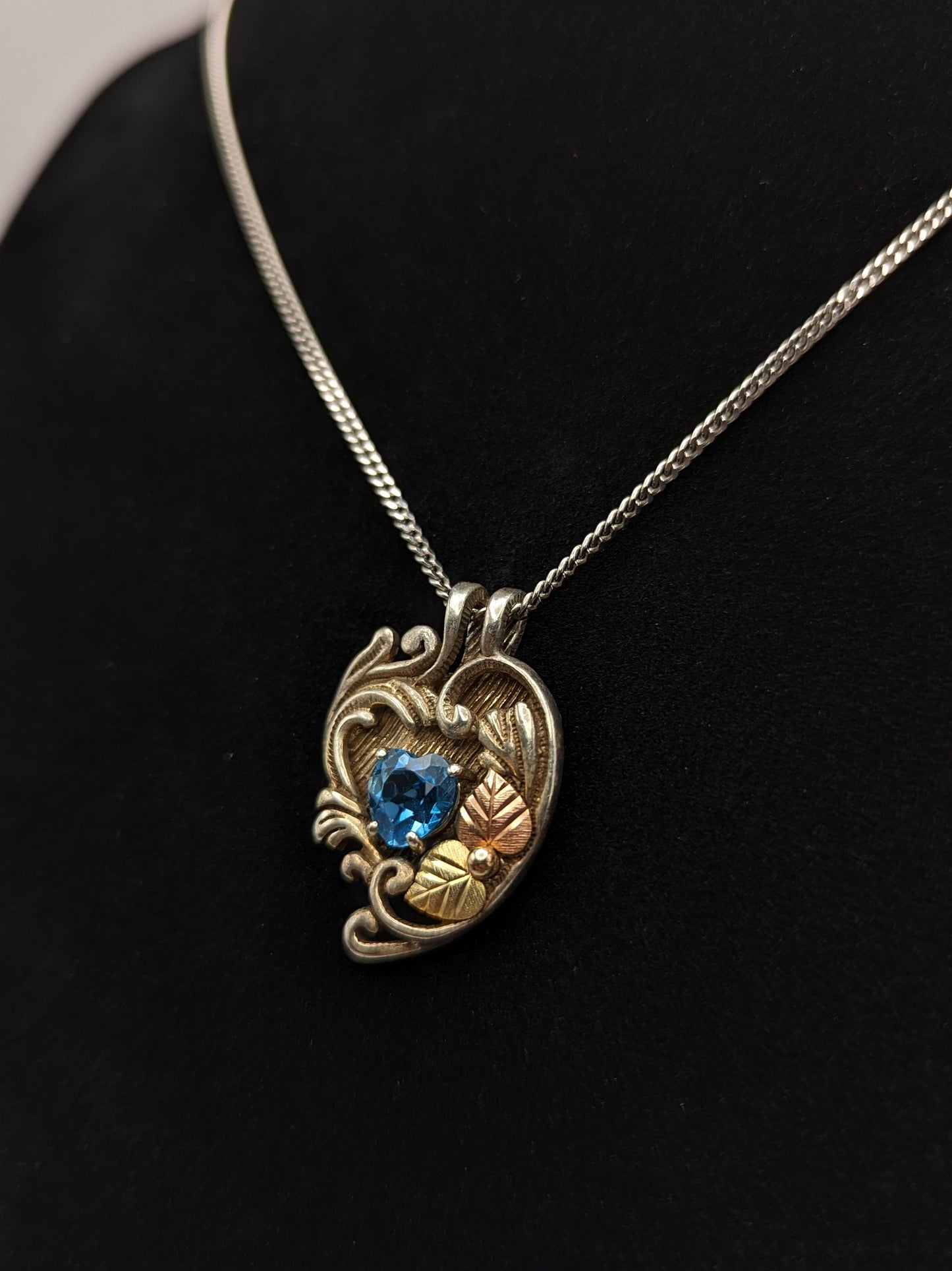 10k 12k Black Hills Gold Sterling Silver Swiss Blue Topaz w Gold Vine Heart Pendant Blue Topaz Necklace Silver Chain Pendant 20" Chain