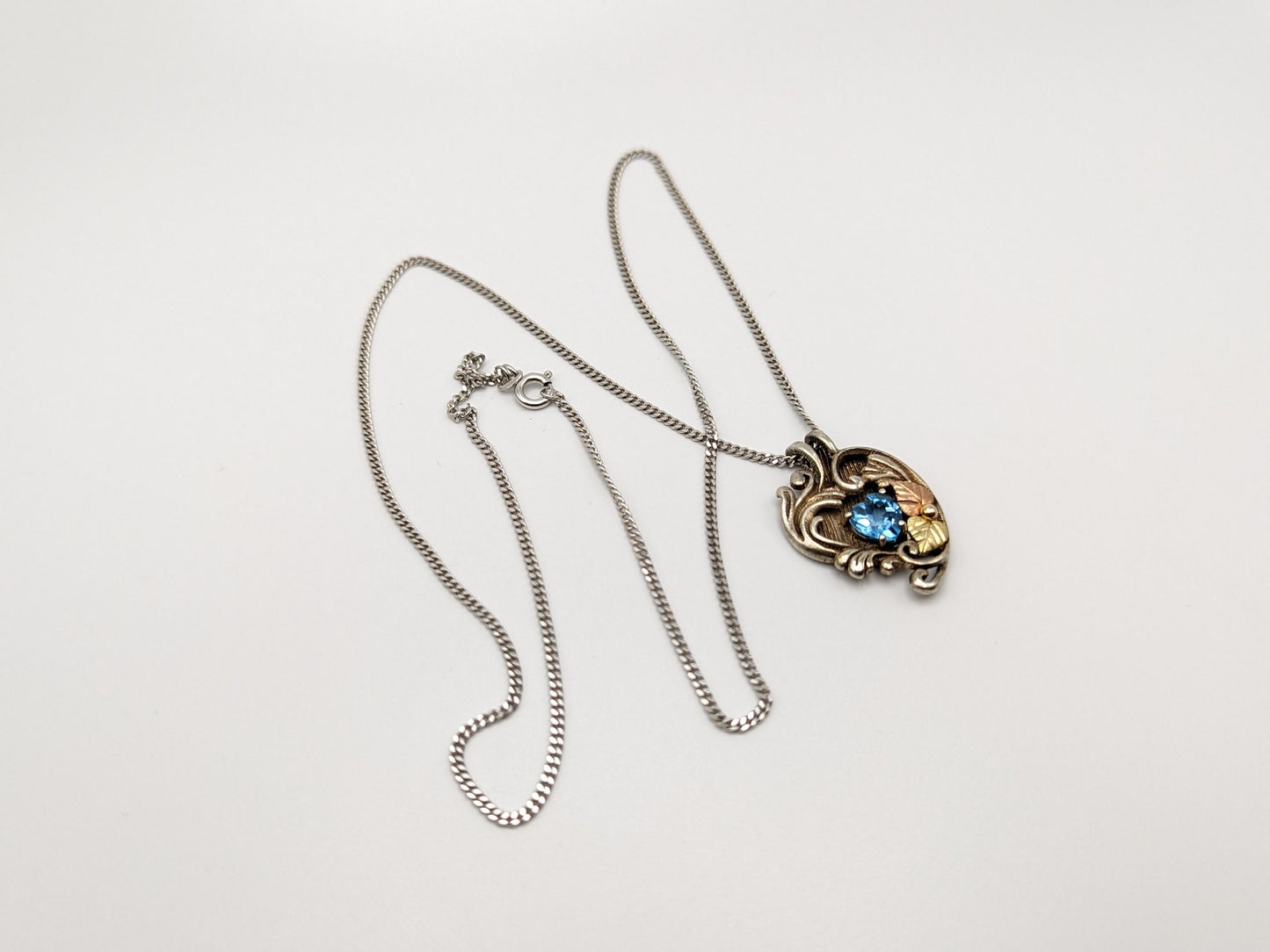 10k 12k Black Hills Gold Sterling Silver Swiss Blue Topaz w Gold Vine Heart Pendant Blue Topaz Necklace Silver Chain Pendant 20" Chain