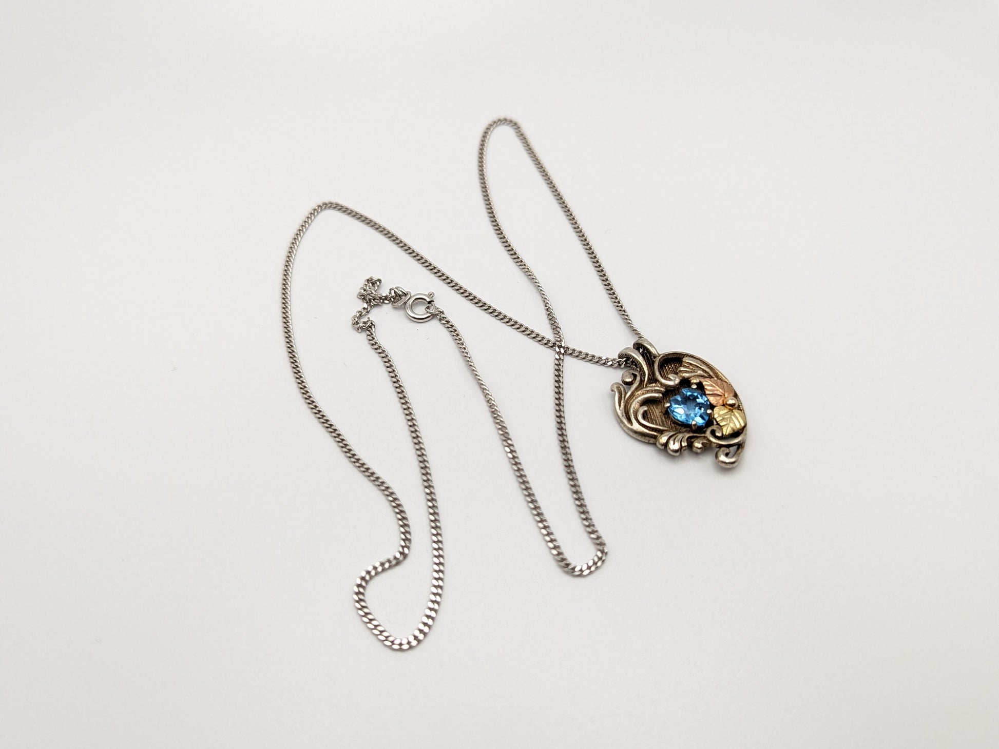 10k 12k Black Hills Gold Sterling Silver Swiss Blue Topaz w Gold Vine Heart Pendant Blue Topaz Necklace Silver Chain Pendant 20" Chain