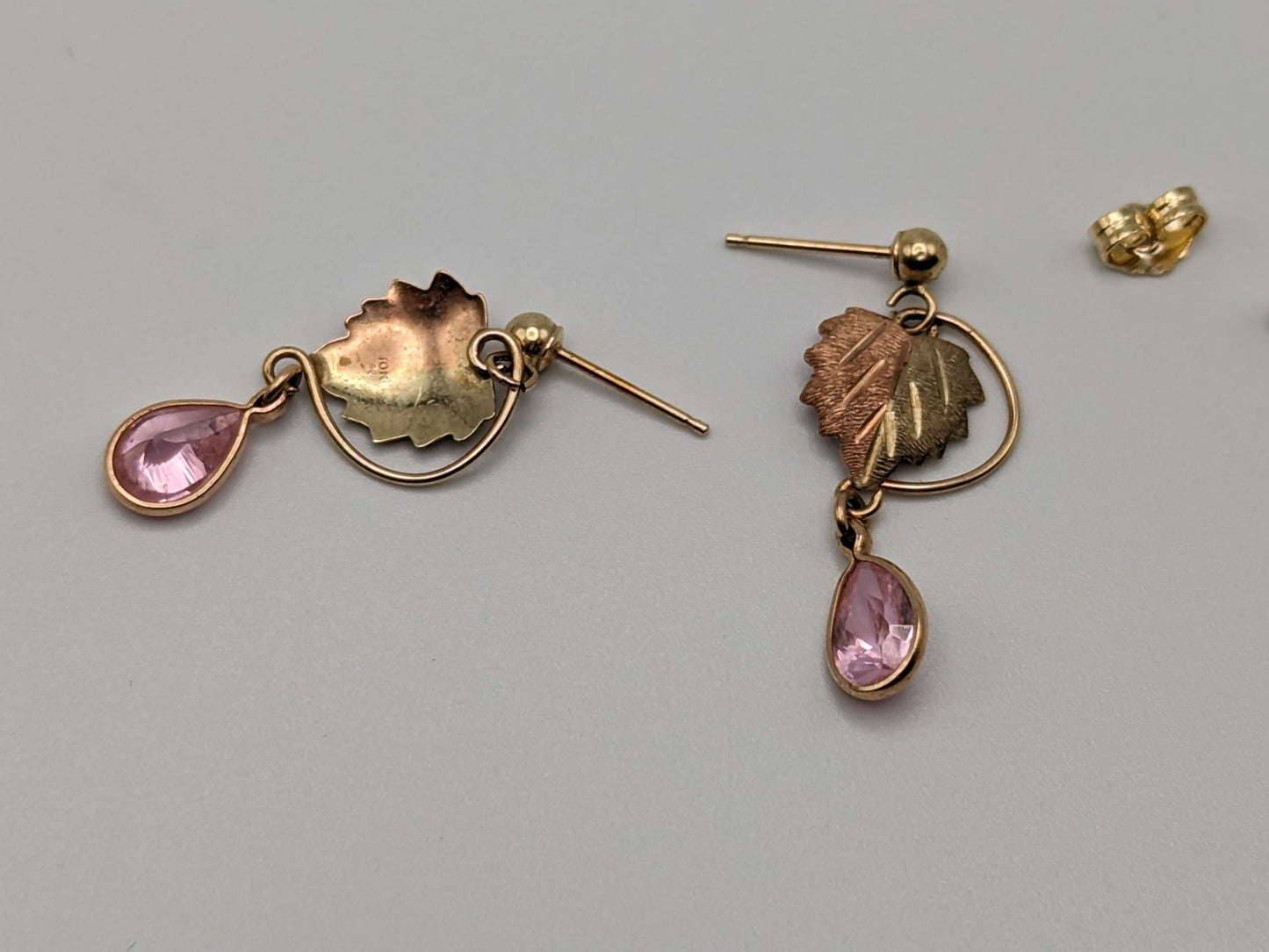 10k 12k Black Hills Gold Traditional Pink Topaz Gold Vine Dangle Earrings Rose Gold Black Hills Gold Trio Gold Vine Leaf Pink Topaz Earrings