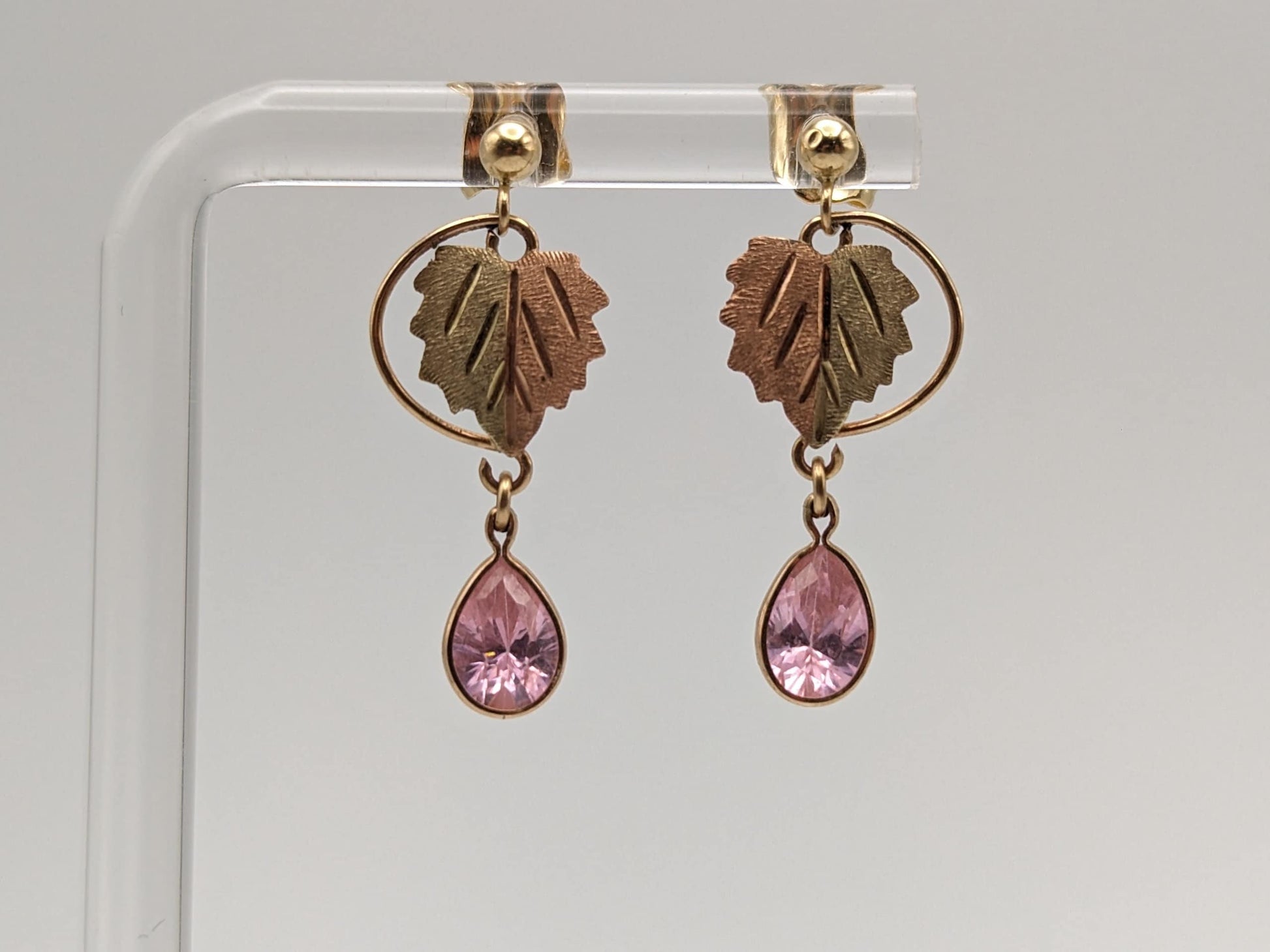 10k 12k Black Hills Gold Traditional Pink Topaz Gold Vine Dangle Earrings Rose Gold Black Hills Gold Trio Gold Vine Leaf Pink Topaz Earrings