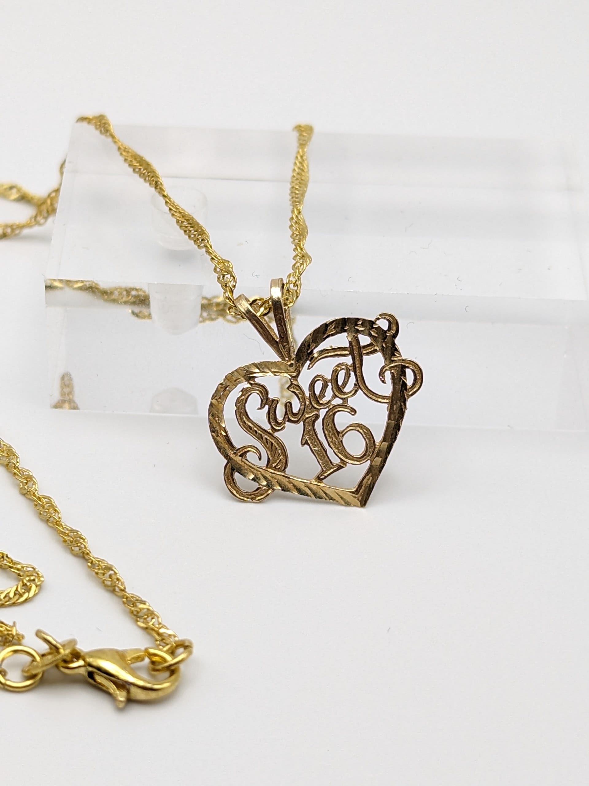 14k Yellow Gold Sweet 16 Heart Pendant. 14k Yellow Gold Vintage Heart Pendant w GF 18k chain