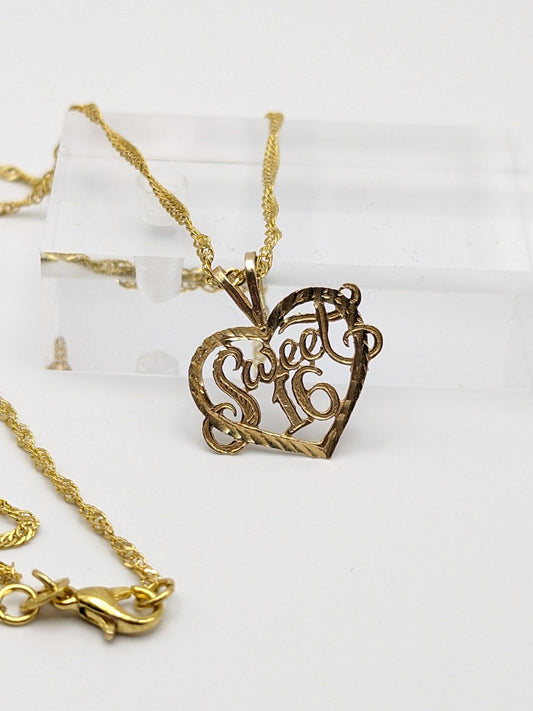 14k Yellow Gold Sweet 16 Heart Pendant. 14k Yellow Gold Vintage Heart Pendant w GF 18k chain