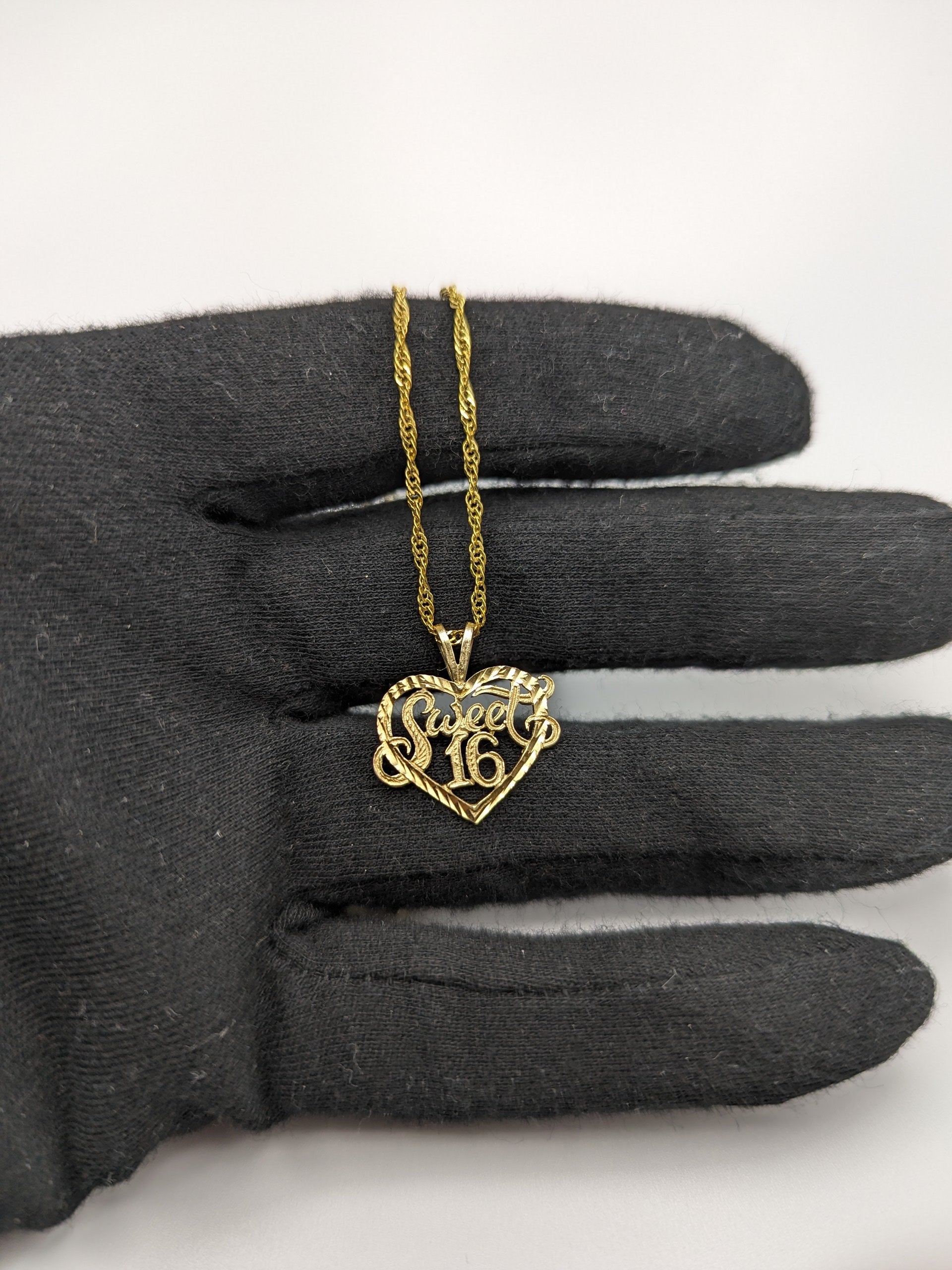 14k Yellow Gold Sweet 16 Heart Pendant. 14k Yellow Gold Vintage Heart Pendant w GF 18k chain