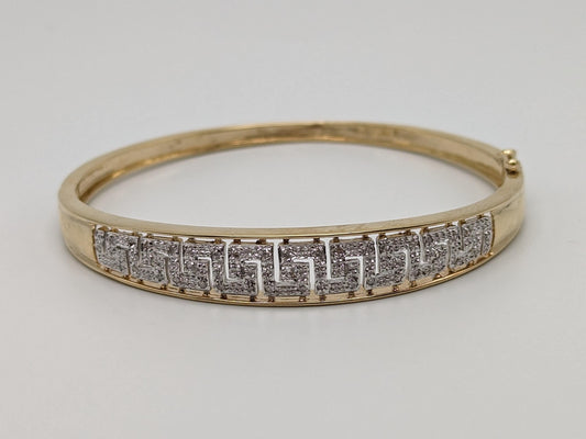 10K Heavy 12.6 gr Gold 9.0 Greek Key 0.25 ct Diamond Bangle Bracelet 7.5" 10k Solid Gold