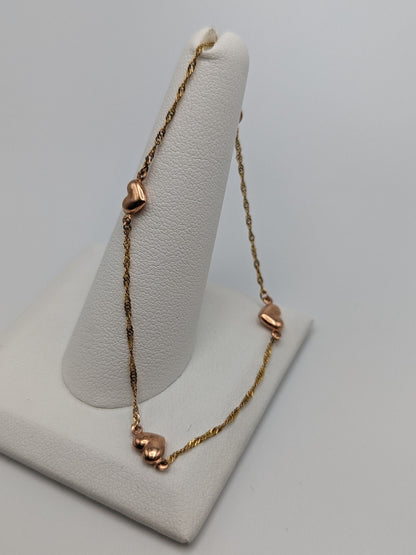 10k Heart Yellow Solid Gold Love Bracelet 7" Rose Gold Rope Heart Bracelet