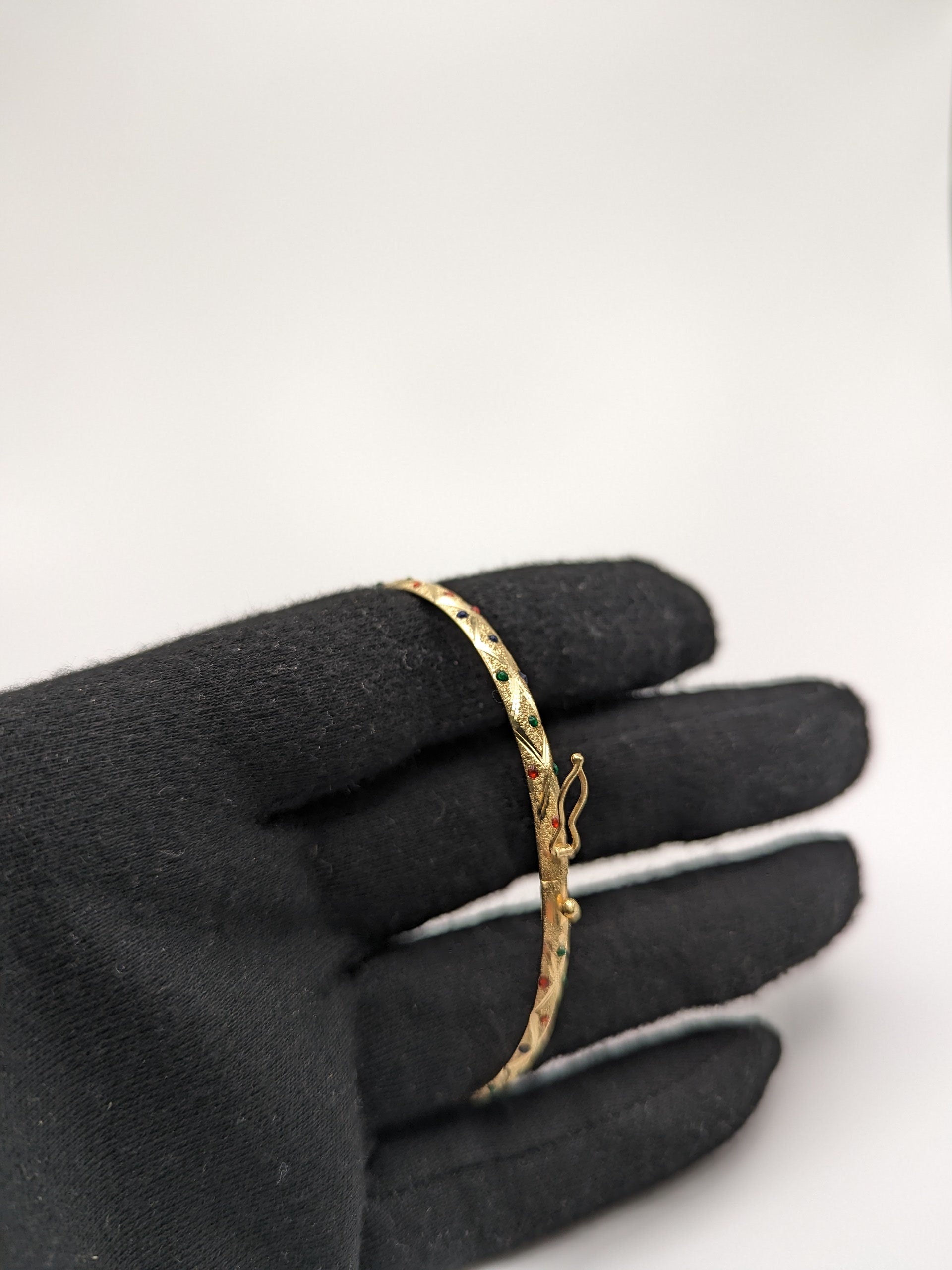 10K Yellow Gold Oval Hinge Bangle Bracelet Dia Cut Textured Green Blue Red Dotted Yellow Gold Bangle