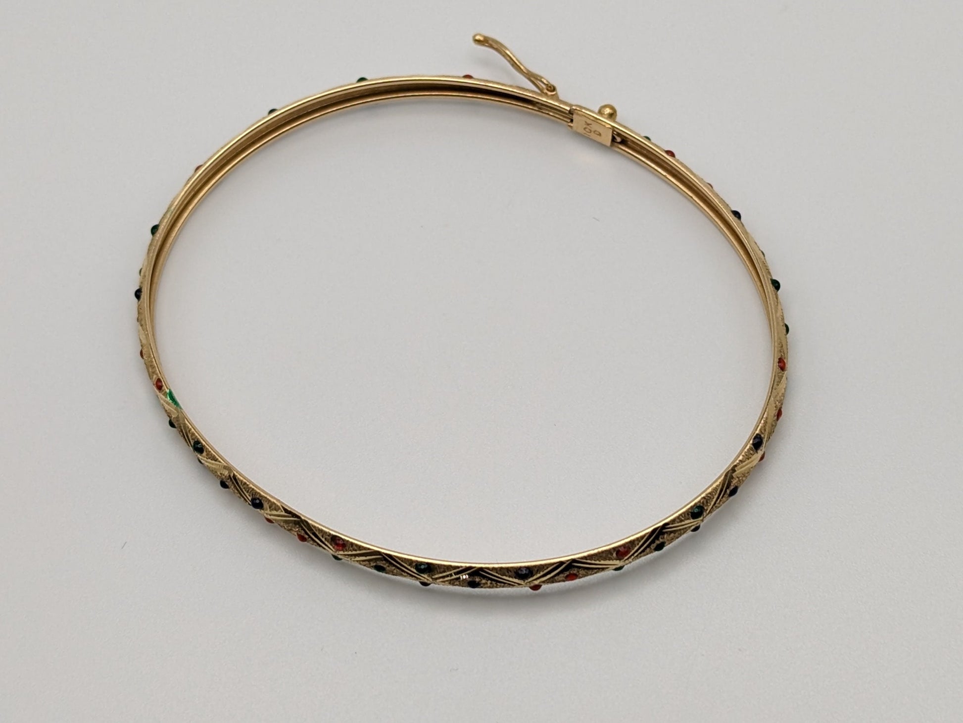 10K Yellow Gold Oval Hinge Bangle Bracelet Dia Cut Textured Green Blue Red Dotted Yellow Gold Bangle