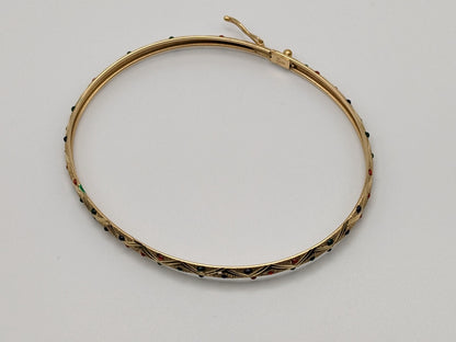 10K Yellow Gold Oval Hinge Bangle Bracelet Dia Cut Textured Green Blue Red Dotted Yellow Gold Bangle