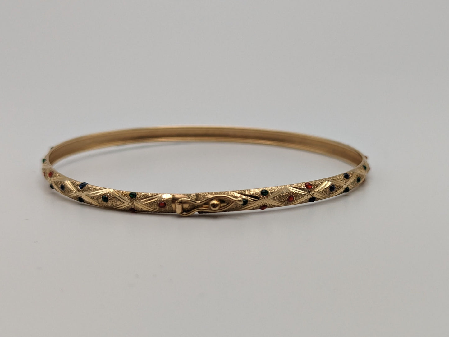 10K Yellow Gold Oval Hinge Bangle Bracelet Dia Cut Textured Green Blue Red Dotted Yellow Gold Bangle
