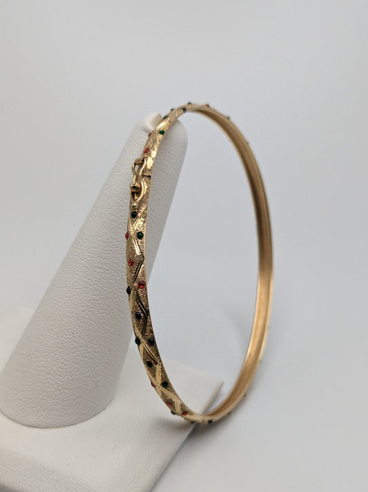 10K Yellow Gold Oval Hinge Bangle Bracelet Dia Cut Textured Green Blue Red Dotted Yellow Gold Bangle